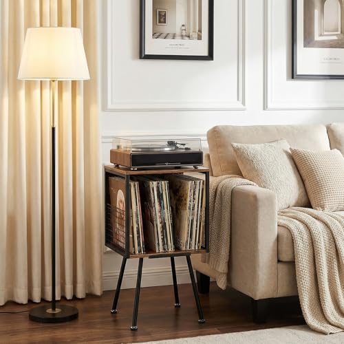 Record Player Stand with Storage Holds 100+ Vinyl Records, Industrial Turntable Stand with Storage Shelf, LP Album Organizer Cabinet for Small Spaces,Rustic End Table