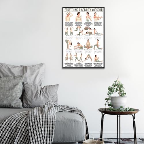 Stretching & Mobility Workout Poster, 16 Illustrated Full-Body Flexibility Training Chart with Hold Time Guides, Bodyweight Neck Hip Shoulder Stretch Reference for Post-Workout Recovery & Daily Mobility Improvement(16x24inchs，Unframed)