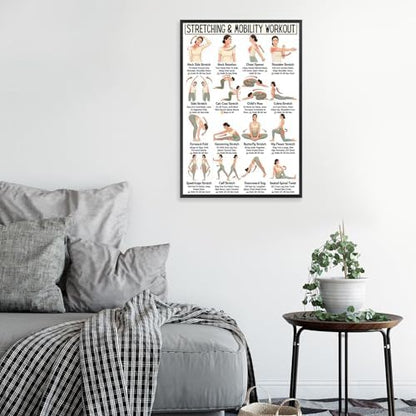Stretching & Mobility Workout Poster, 16 Illustrated Full-Body Flexibility Training Chart with Hold Time Guides, Bodyweight Neck Hip Shoulder Stretch Reference for Post-Workout Recovery & Daily Mobility Improvement(20x30inchs，Black Framed)