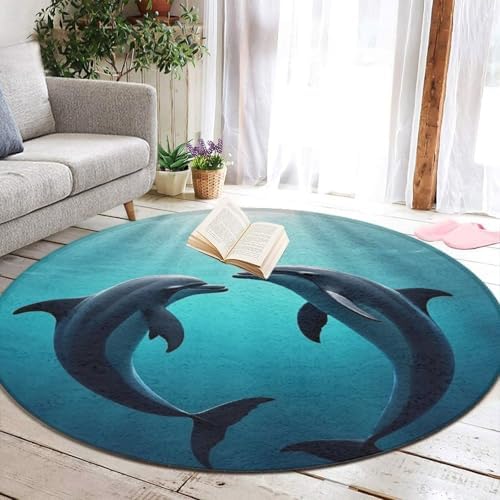 Soft Round Yoga Carpet, Office Chair Decor Round Mat for Carpet and Hardwood Floors Dolphins