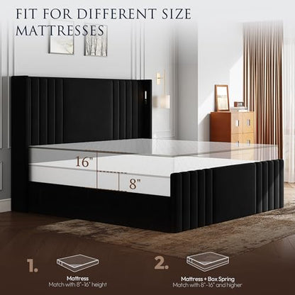55" Tall Queen Size Platform Bed Frame with 2 Reading Lights, Black