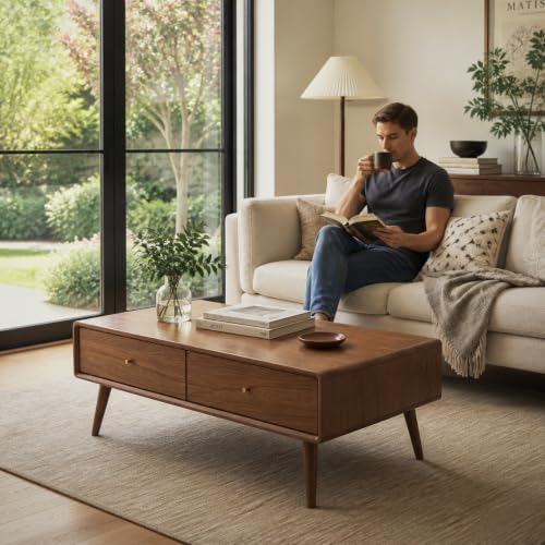 100% Oak Wood Coffee Table, Mid Century Modern Living Room Table | Coffee Table with 4 Drawers and Storage Shelf, Oak Wood Furniture for Home, 47.24''