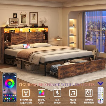 King Size Bed Frames with Storage Headboard and 4 Drawers, Farmhouse Platform Bed Frame with Charging Station & LED Lights, Metal Slats Support, Noise Free, No Box Spring Needed, Rustic Brown