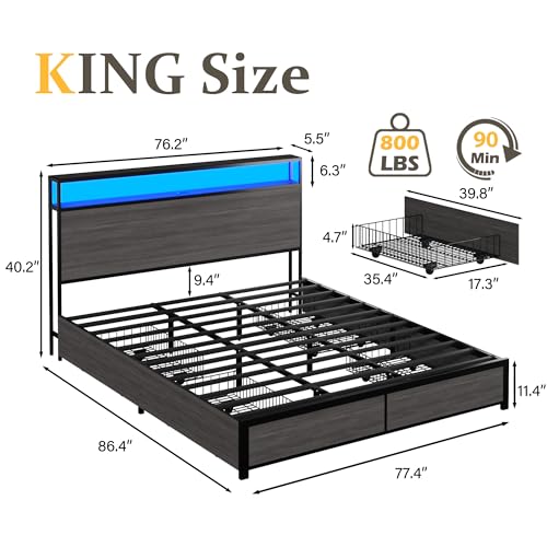 King Bed Frame with 2-Tier Storage Headboard, Metal Platform Bed Frame with 4 Storage Drawers, Built in Charging Station & LED, Noise-Free/Metal Support/No Box Spring Needed, Rustic Grey