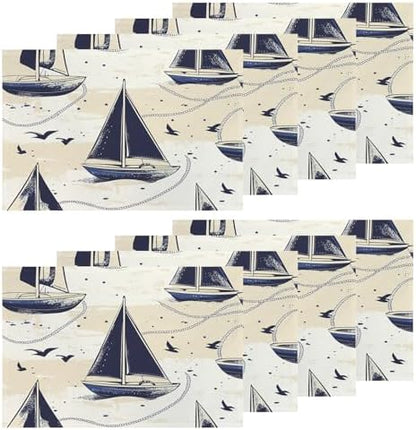 Shrahala Maritime Ocean Set of 8 12 X 18 Inch Linen Placemats, Boat Nautical Elements Burlap Table Mat Washable Double Layered Heat Insulation for Indoor/Outdoor