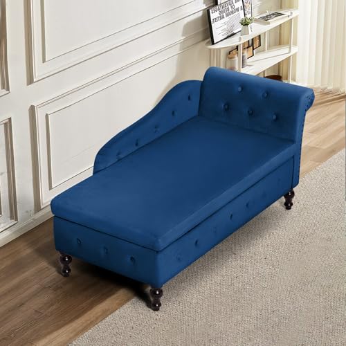 Velvet Chaise Lounge w/Right Armrest & Storage Space, Blue