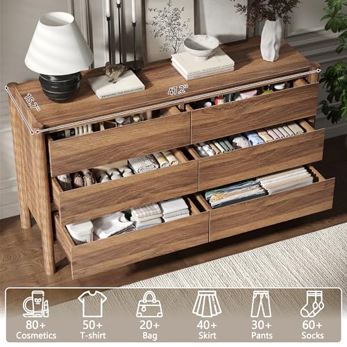 47.2" Wide Walnut 6 Drawer Dresser for Bedroom with Solid Wood Legs
