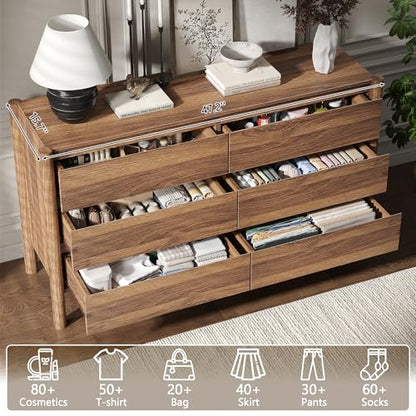 47.2" Wide Walnut 6 Drawer Dresser for Bedroom with Solid Wood Legs