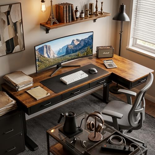 63 Inch L Shaped Electric Standing Desk with 4 Drawers, Rustic Brown