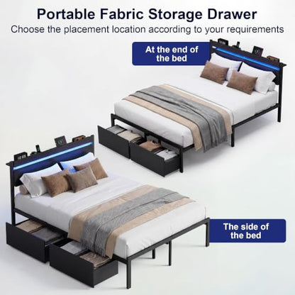 Queen Bed Frame with Drawers, Platform Bed with LED Lights & Charging Station, Wood Headboard, Strong Metal Slats Support, No Box Spring Needed, Noise Free, Easy Assembly