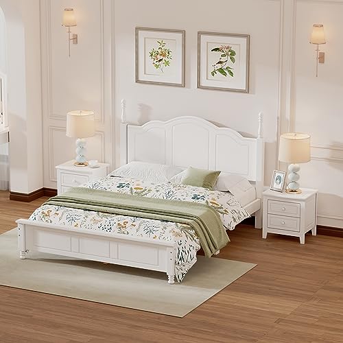 Bedroom Set Furniture, 3-Pieces Bedroom Sets, Queen Size Wood Platform Bed and 2 Nightstands, White