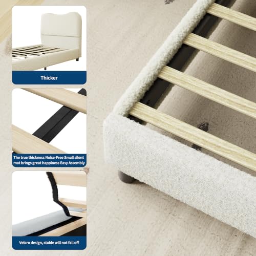 Full Size Bed Frame with Boucle Fabric, Beige