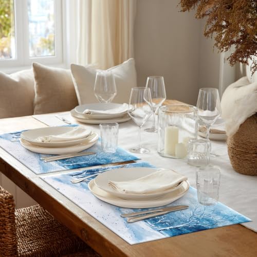 Shrahala Watercolor Winter Landscape Set of 6 12 X 18 Inch Linen Placemats, Blue Snow Fir Snowy Land Burlap Table Mat Washable Double Layered Heat Insulation for Indoor
