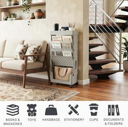 5-Tier Rolling Bookshelf Magazine Rack with Wheels Gray