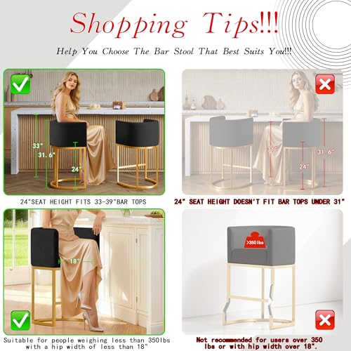 24" Modern Counter Height Bar Stools,Velvet Fabric Upholstered Barrel Barstools with Backs,Island Chairs Bar Stools Set of 1,Metal Gold Frames,Ink Black Velvet