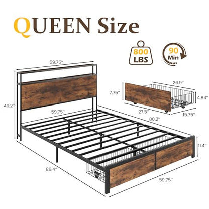 Queen Bed Frame with 2-Tier Storage Headboard, Metal Bed Frame with Storage Drawers & Built-in Charging Station & LED, Noise-Free, No Box Spring Needed, Easy Assembly, Rustic Brown