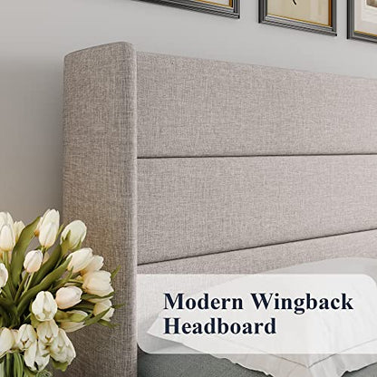 Queen Size Lift Up Storage Bed, Modern Wingback Headboard, Hydraulic Support, No Box Spring Needed, Light Beige