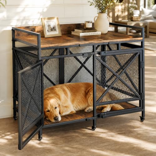 48" Dog Crate Furniture with Wheels, Brown