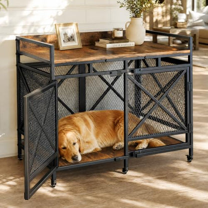 48" Dog Crate Furniture with Wheels, Brown
