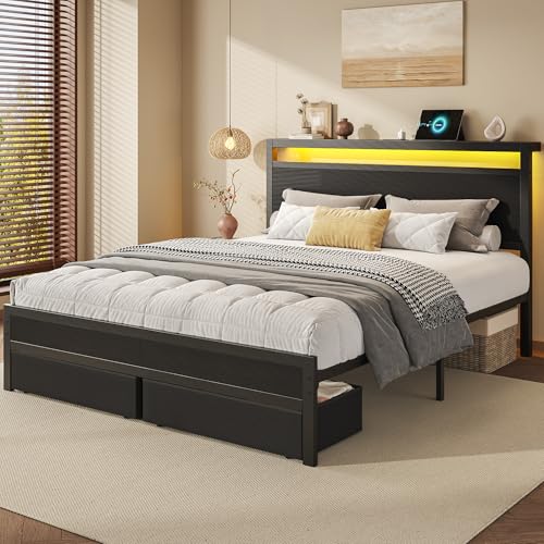Queen Bed Frame with Storage, Wood Headboard with Fast Charging Station, LED Lights, Platform Bed Frame Queen Size, Fabric Drawers with Wheels, No Box Spring Needed, Noise Free, Black