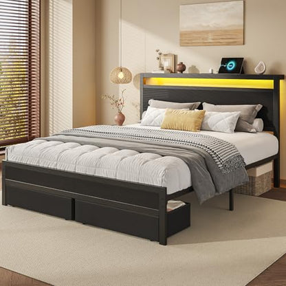 Queen Bed Frame with Storage, Wood Headboard with Fast Charging Station, LED Lights, Platform Bed Frame Queen Size, Fabric Drawers with Wheels, No Box Spring Needed, Noise Free, Black
