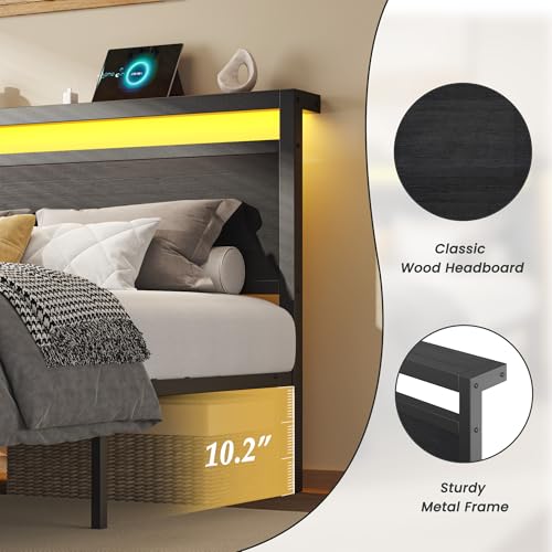 Queen Bed Frame with Storage, Wood Headboard with Fast Charging Station, LED Lights, Platform Bed Frame Queen Size, Fabric Drawers with Wheels, No Box Spring Needed, Noise Free, Black