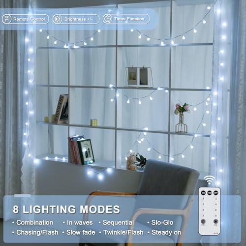 100ft Globe String Lights Indoor Outdoor Waterproof, 200 LED White Christmas Fairy Lights Plug in with Remote, Connectable Hanging Lights for Bedroom Patio Holiday Tree Party Christmas Decor