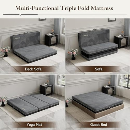 Tri Folding Mattress Queen Size - Memory Foam Tri-fold Handle & Non-Slip Bottom, Portable Foldable Sofa Bed Floor Chair for Travel RV Camping Guest Yoga - 6 Inch, 78"x58"x6"