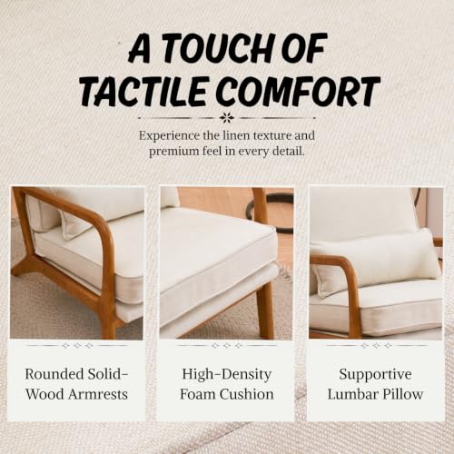 Mid-Century Accent Chairs, Set of 2, Beige Linen with Lumbar Pillow