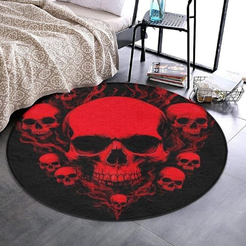 Women's Large Home Decor Mat, Soft Round Yoga Carpet, Non Slip Machine Washable Home Office Circle Rug Cool Red Skulls