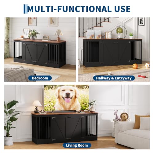 70.8" Large Dog Crate Furniture for 2 Dogs, Farmhouse Dog Crate TV Stand with Removable Divider, Heavy Duty Wooden Dog Kennel with Reinforced Steel Bars & 2 Lockable Doors