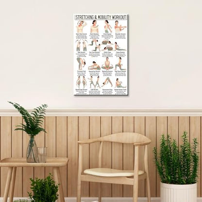 Stretching & Mobility Workout Poster, 16 Illustrated Full-Body Flexibility Training Chart with Hold Time Guides, Bodyweight Neck Hip Shoulder Stretch Reference for Post-Workout Recovery & Daily Mobility Improvement(16x24inchs，Unframed)
