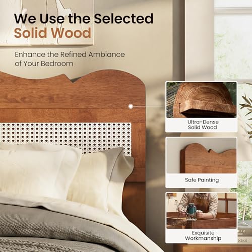 Solid Wood Queen Bed Frame with Adjustable Headboard
