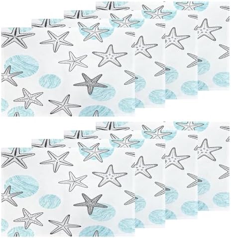 Shrahala Coastal Nautical Set of 8 12 X 18 Inch Linen Placemats, Circles Starfish Blue White Marine Theme Burlap Table Mat Washable Double Layered Heat Insulation for Indoor/Outdoor
