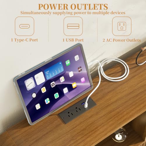 Queen Size Bed Frame with Headboard and Charging Station Walnut