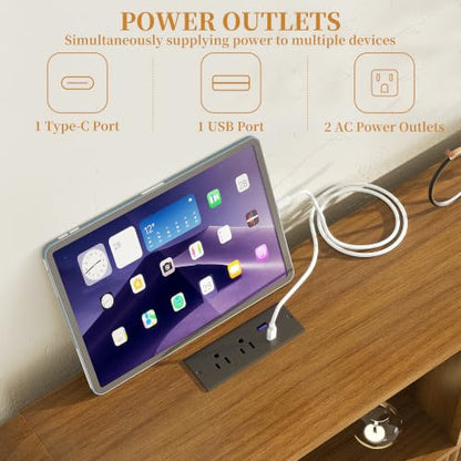 Queen Size Bed Frame with Headboard and Charging Station Walnut