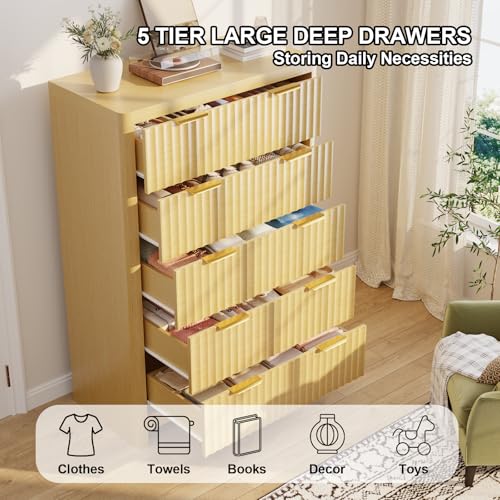 Natural Oak Dresser with 5 Deep Drawers, 47" Tall Fluted Chest of Drawers, Round Edge, Modern Vertical Dresser, Wooden Storage Organizer Cabinet for Bedroom, Living Room, Entryway, Hallway