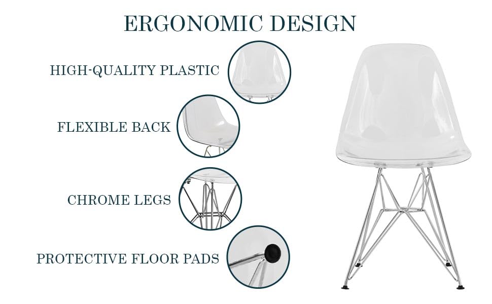 Dining, Modern Chrome Eiffel Base and Curved Back Design, Ergonomic and Lightweight Accent Side Chair for Mid-Century Home, Kitchen, and Café (Clear, Singles)