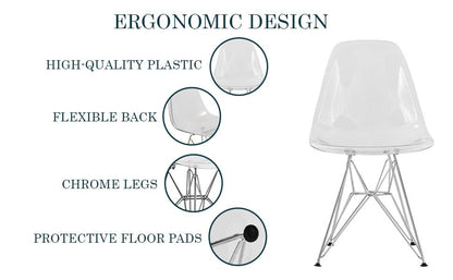 Dining, Modern Chrome Eiffel Base and Curved Back Design, Ergonomic and Lightweight Accent Side Chair for Mid-Century Home, Kitchen, and Café (Clear, Singles)