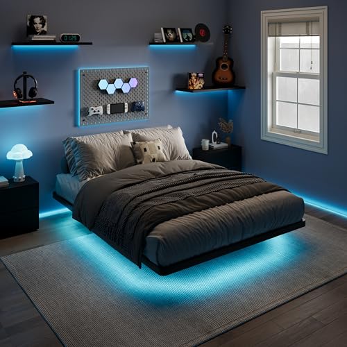 Full Size Floating Bed Frame with Smart LED Lights, Black
