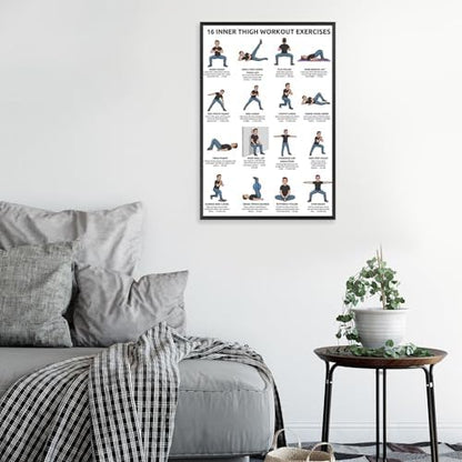 16 Inner Thigh Workout Exercise Poster, Bodyweight Adductor Training Chart Featuring Illustrated Home Fitness Moves for Beginner & Intermediate Leg Toning, Gym & Home Workout Reference Guide with Rep Count Instruction(16x24inchs，Black Framed)