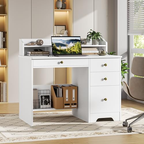 43-Inch White Computer Desk with Hutch and File Drawer