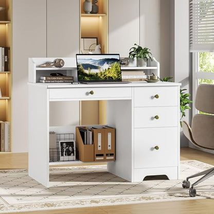 43-Inch White Computer Desk with Hutch and File Drawer