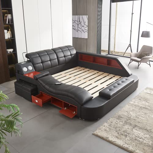Multifunctional King Size Bed Frame, Modern Luxury Smart Bed with Massage Recliner/Music Speaker/USB Port/Storage Drawers, Adjustable Leather Upholstered Headboard, Black
