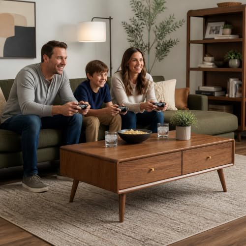 100% Oak Wood Coffee Table, Mid Century Modern Living Room Table | Coffee Table with 4 Drawers and Storage Shelf, Oak Wood Furniture for Home, 47.24''