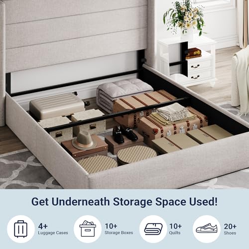 Queen Size Lift Up Storage Bed, Modern Wingback Headboard, Hydraulic Support, No Box Spring Needed, Light Beige