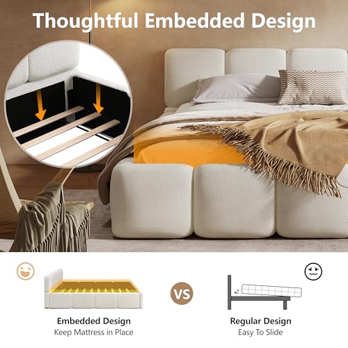 California King Boucle Platform Bed, Headboard and Footboard, White
