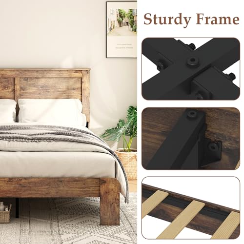 DWOYFO Wood Platform Bed Frame, Queen Bed Frame with Headboard, Dark Brown