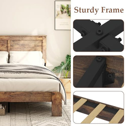 DWOYFO Wood Platform Bed Frame, Queen Bed Frame with Headboard, Dark Brown