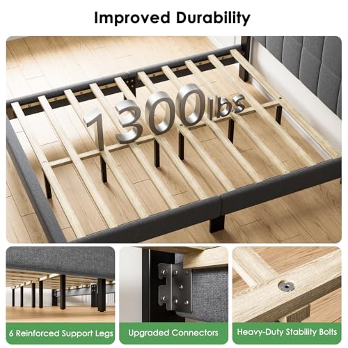 Queen Size Bed Frame, Sturdy and Durable with 12 Support Legs, 1300 lbs Capacity, Solid Wooden Upholstered Adjustable Headboard for 6"-12" Mattresses, Easy Assembly, Ideal Height, Dark Gray